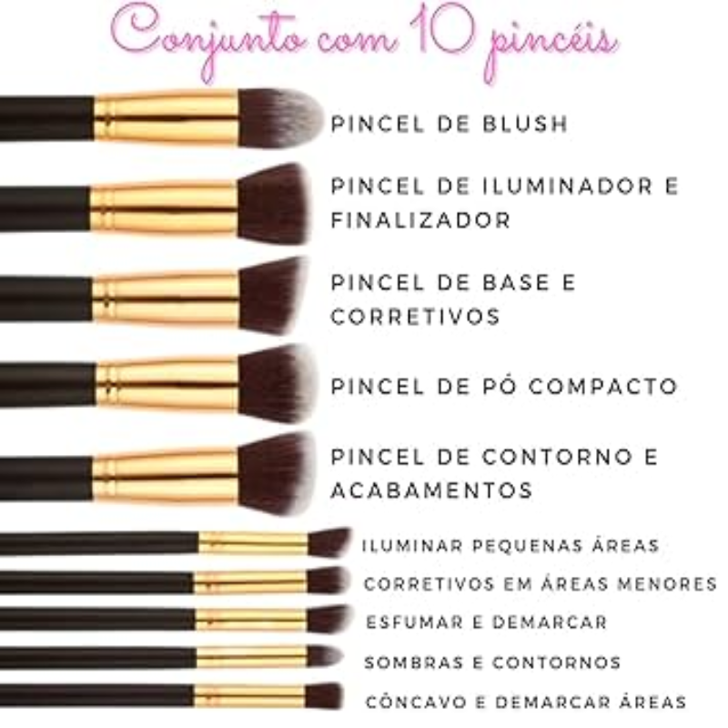 Kit de 10 Pincéis para Maquiagem Profissional Super Bela